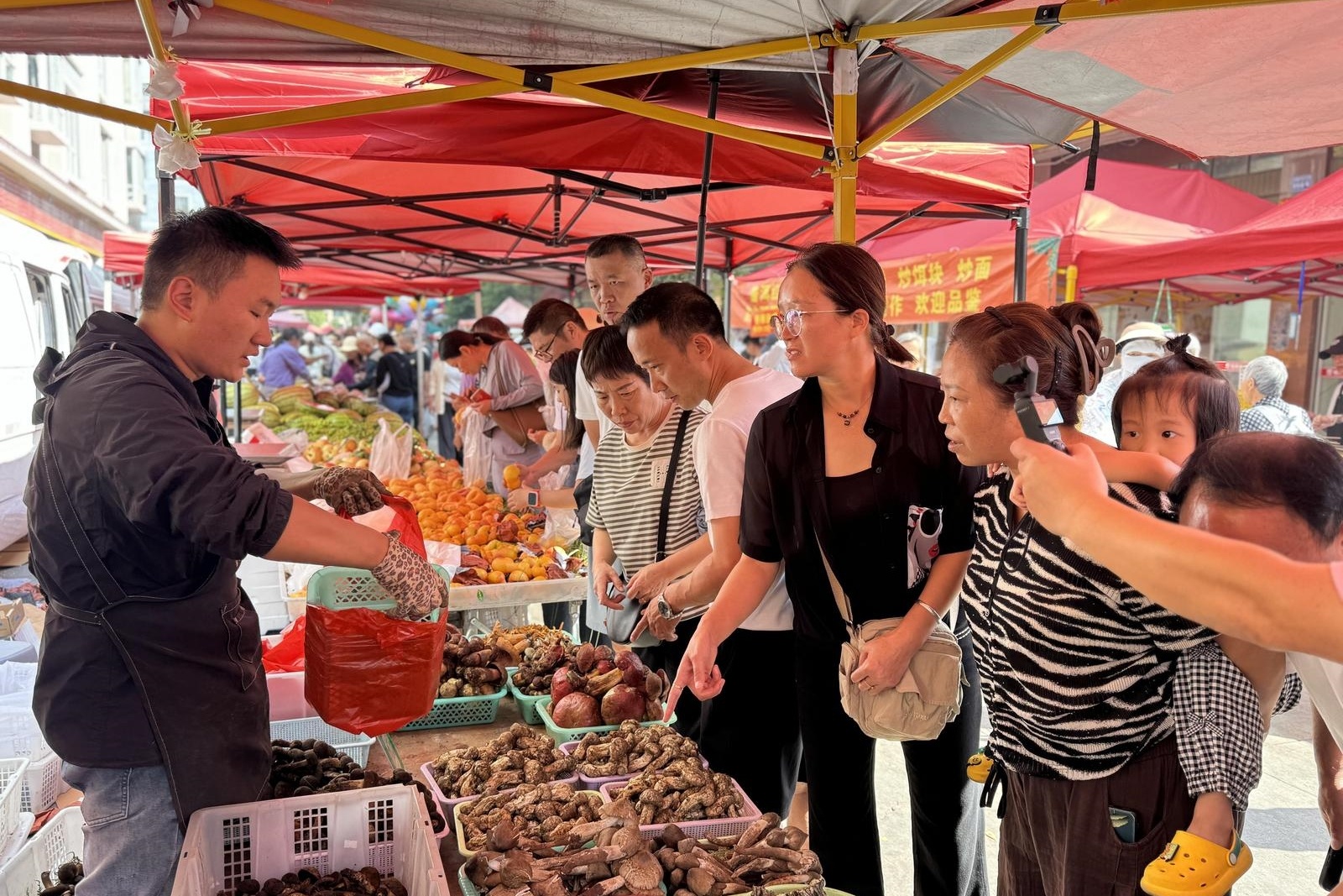 群众购买野生菌和水果。李劲松 摄